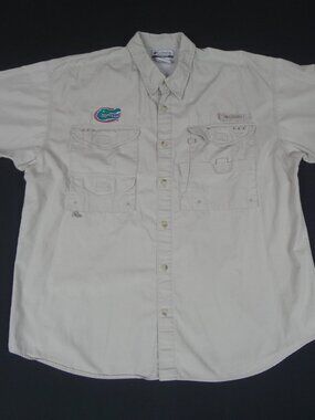 COLUMBIA UF FLOIDA GATORS VENTED BUTTON UP LARGE FISHING TAN SHIRT L568